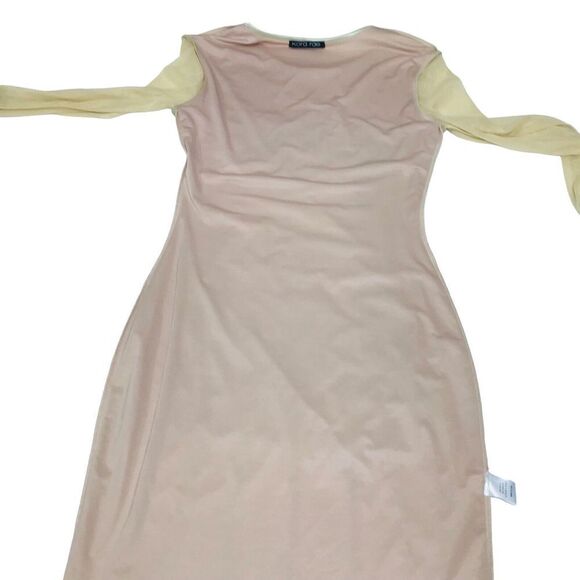 Kora Rae Mesh Beaded Dress Size M Beige Mini Bodycon Long Sleeve Embellished - Picture 11 of 16